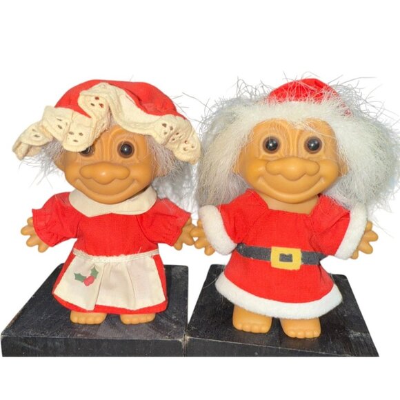 2 Vintage Troll Dolls 4 1/2" Russ Christmas Mr & Mrs Santa Claus - Picture 1 of 9